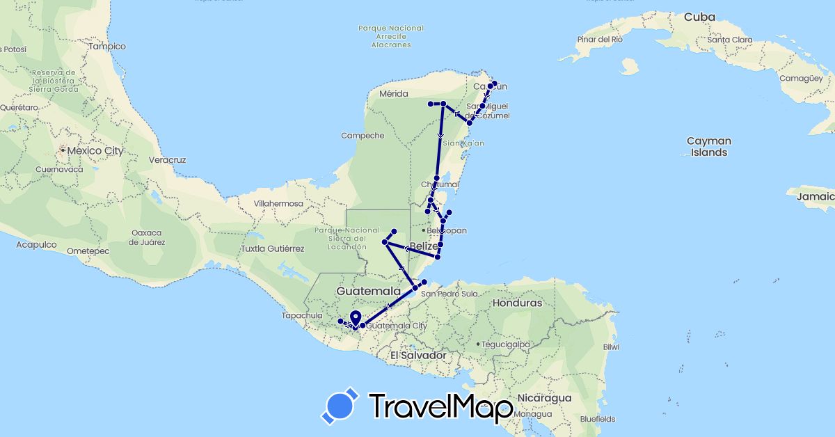 TravelMap itinerary: driving in Belize, Guatemala, Mexico (North America)